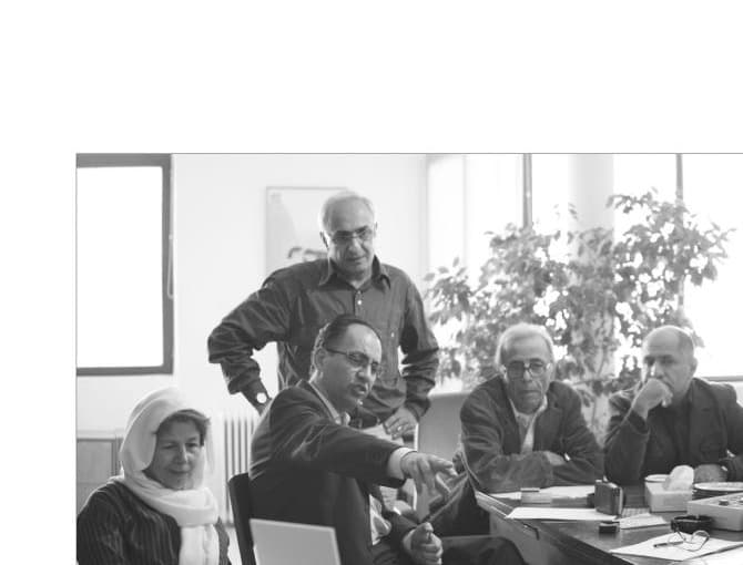 Jury deliberation session for the 7th Memar Architecture Award (2007). Left to right: Faryar Javaherian, Iraj Kalantari, Ali Kermanian, Mohsen Padidar